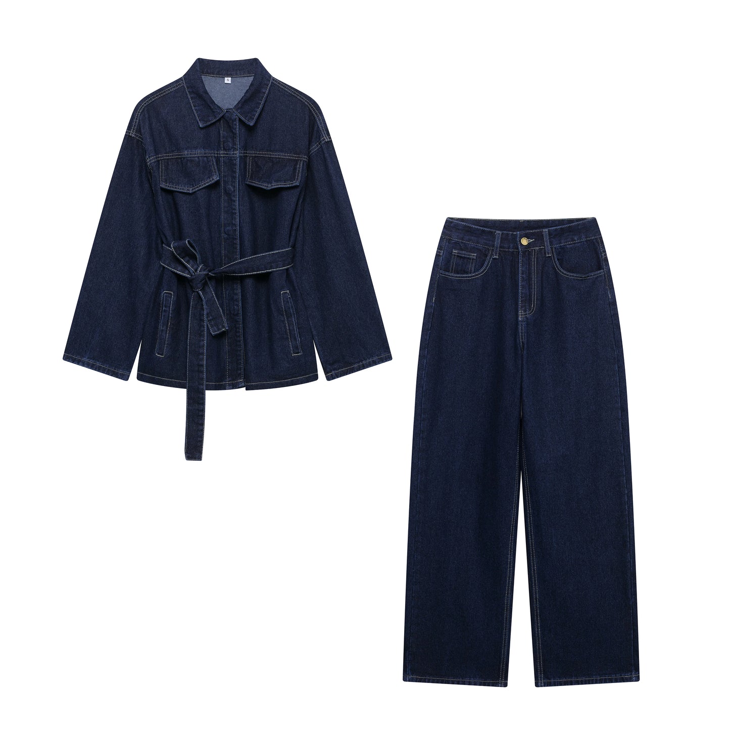 Velluxe Belted Denim Jacket & Wide Leg Jean Set