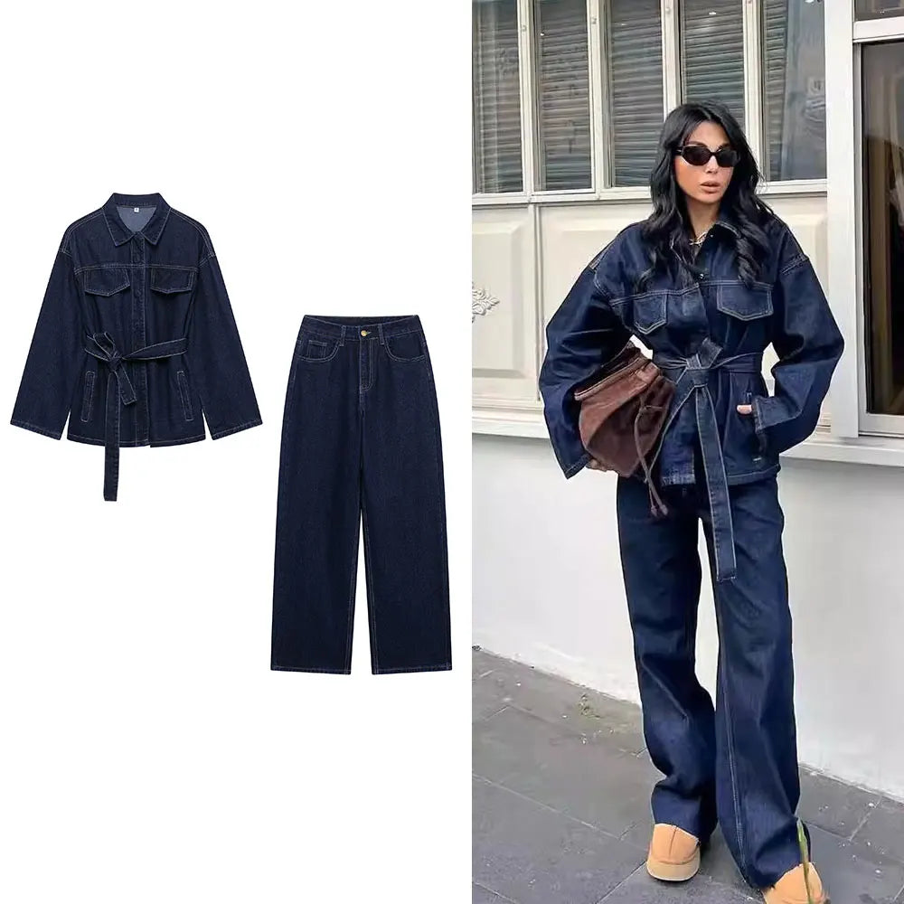 Velluxe Belted Denim Jacket & Wide Leg Jean Set