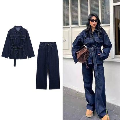 Velluxe Belted Denim Jacket & Wide Leg Jean Set